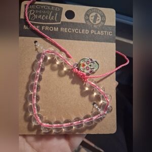 Pink Cord Clear Recycled Bead Bracelet with Sugar Skull Charm